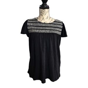 LOFT Black Cotton Embroidered Smocked Yoke Flutter Sleeve Top Size Medium